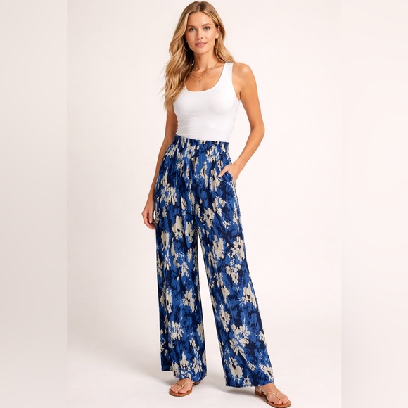 Joie Pants - Joie Accordion Pleated Blue Floral Wide-Leg Pull On Pants